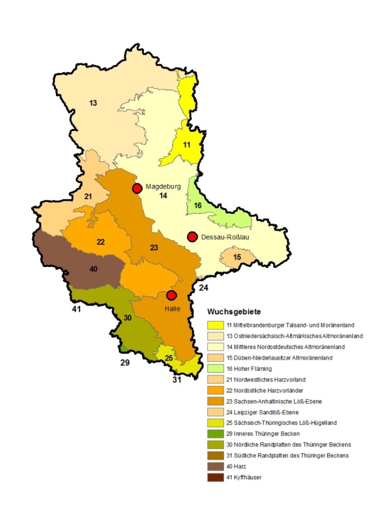 Lage der einzelnen Wuchsgebiete des Mittelgebirge und Hügellandes im Bundesland Sachsen-Anhalt